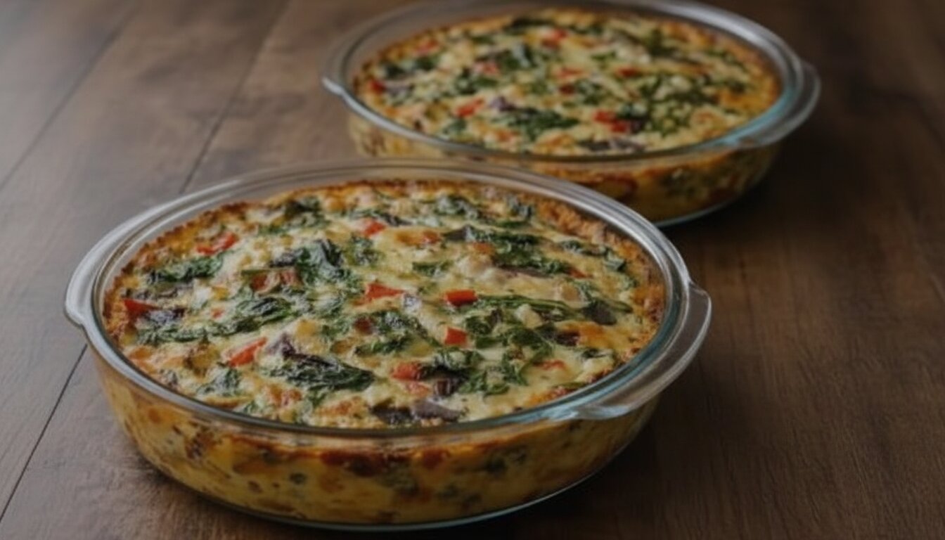 Golden-brown Mediterranean crustless quiche with spinach and feta in a ceramic baking dish.