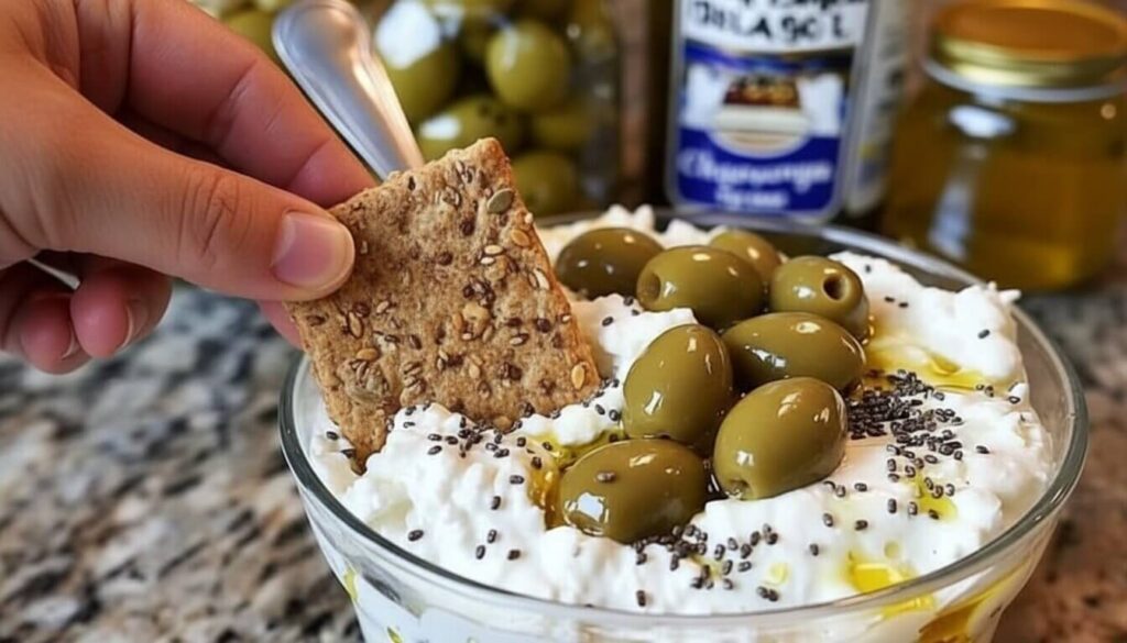 Dipping a cracker into a Mediterranean creamy olive & pickle bowl.