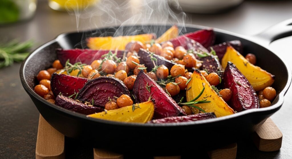 Oven-roasted beets and seasoned chickpeas on a parchment-lined baking sheet.