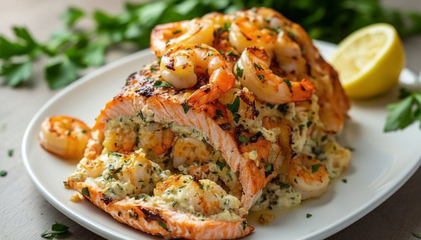 Healthy Shrimp Stuffed Salmon recipe on a platter with lemon and herbs.