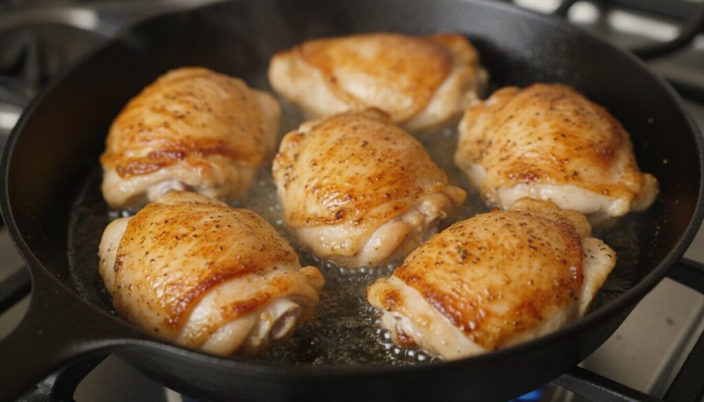 Searing chicken thighs in a skillet for extra crispy skin.