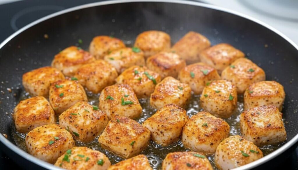 Searing seasoned chicken cubes in a pan with olive oil.