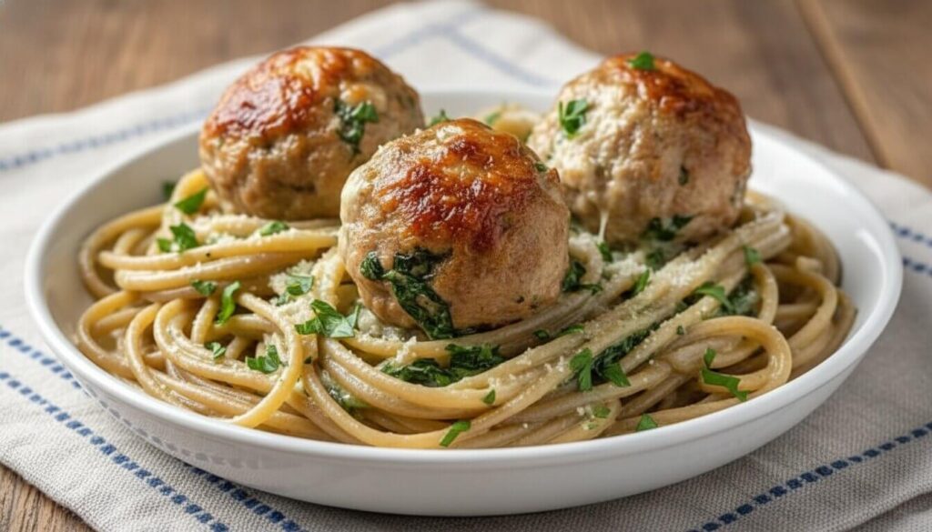 Chicken meatballs in alfredo sauce served over pasta.