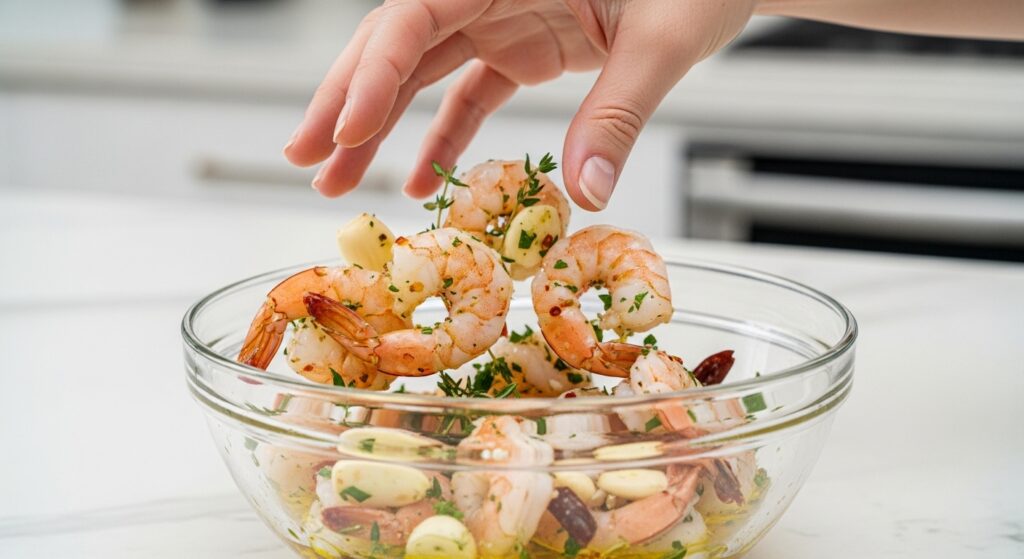 Tossing raw shrimp with garlic and herb marinade in a glass bowl.