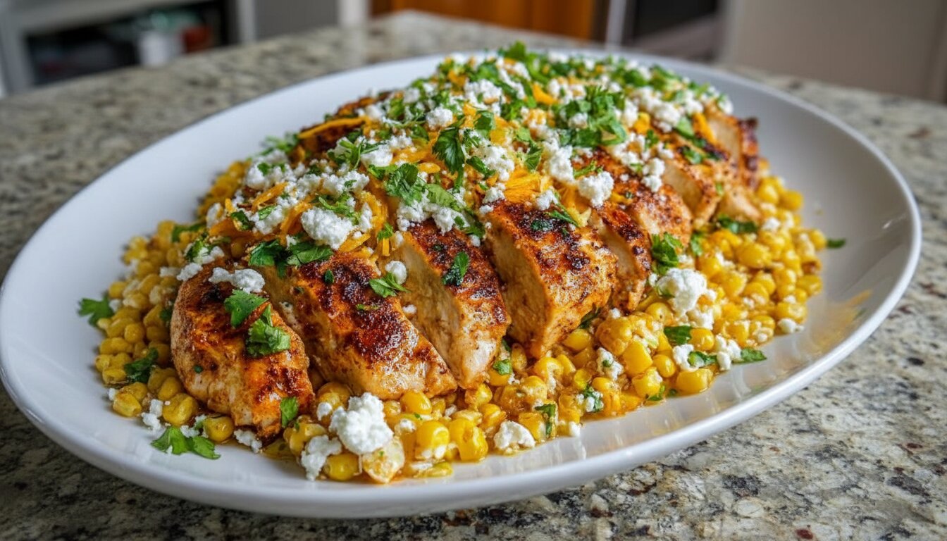A white ceramic bowl filled with creamy slow cooker street corn chicken topped with cilantro and feta cheese.