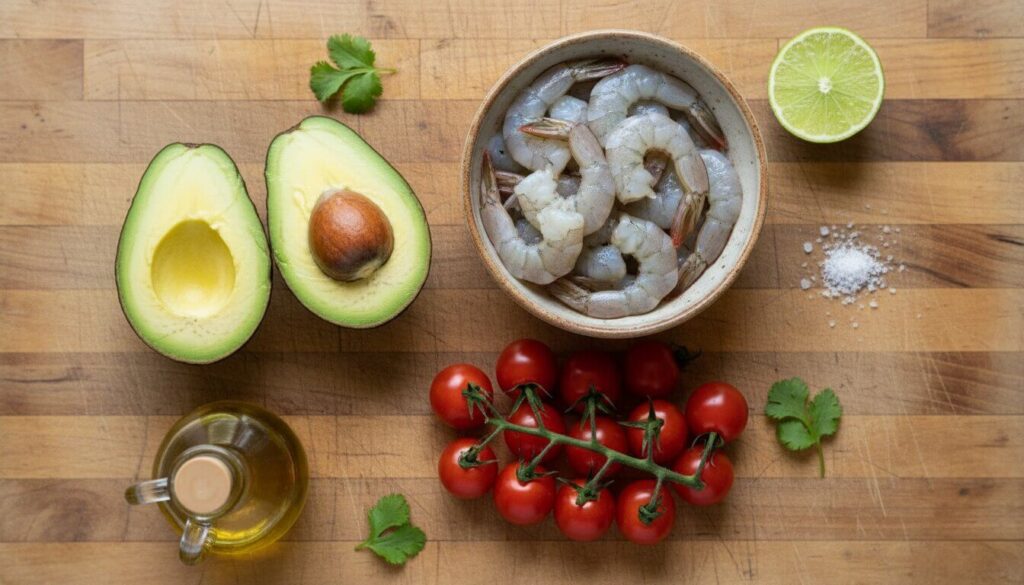 Raw ingredients for Mediterranean Shrimp Avocado Salad on a kitchen counter.