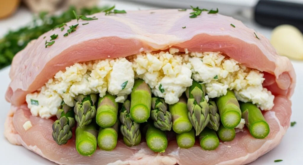 Stuffing chicken with asparagus and mozzarella cheese.