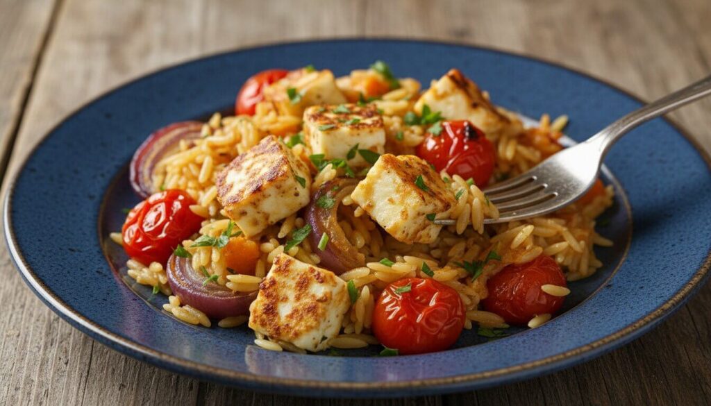 Close up of a serving of Mediterranean orzo bake with halloumi.