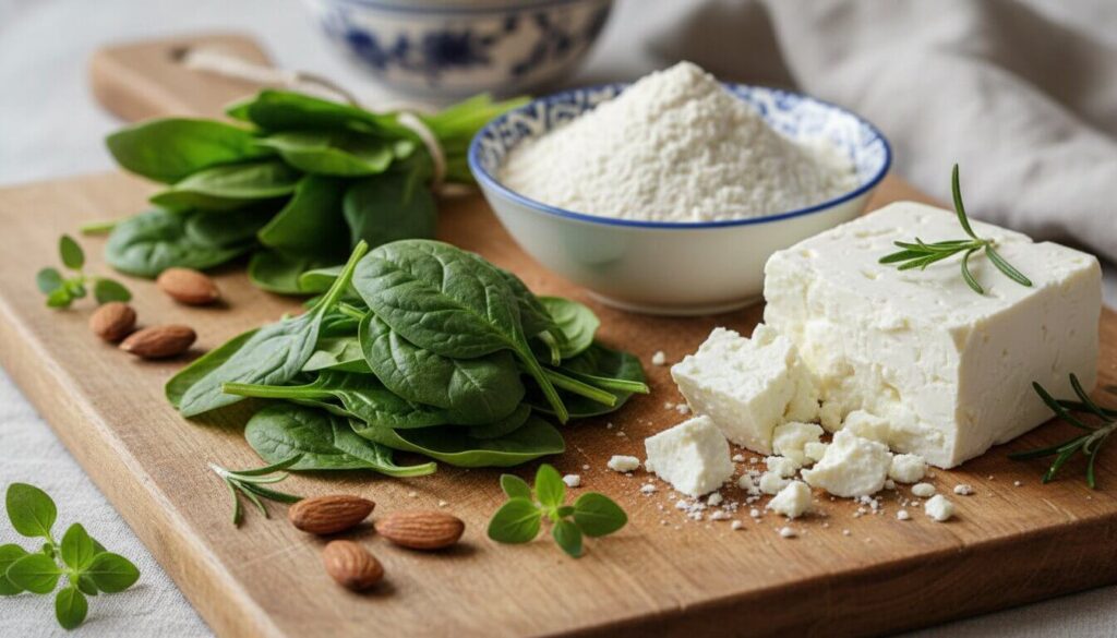 ingredients for mediterranean spinach appetizer including feta, spinach, and almond flour.