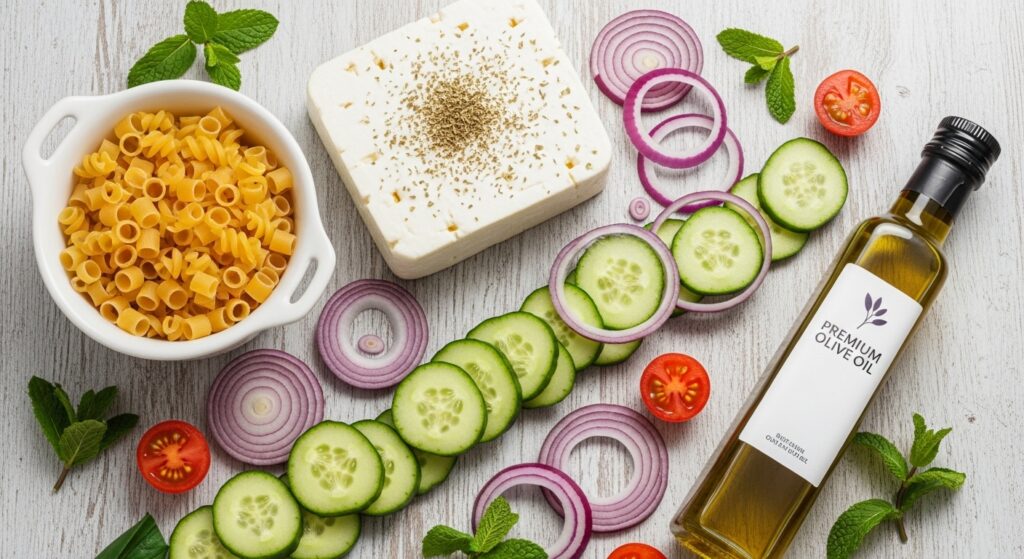 Fresh ingredients for Mediterranean pasta salad including feta cheese and vegetables.
