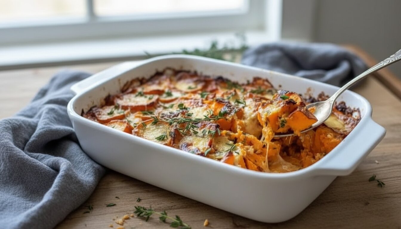 A golden-brown baked butternut squash and sweet potato gratin topped with melted cheese and fresh thyme in a white baking dish.