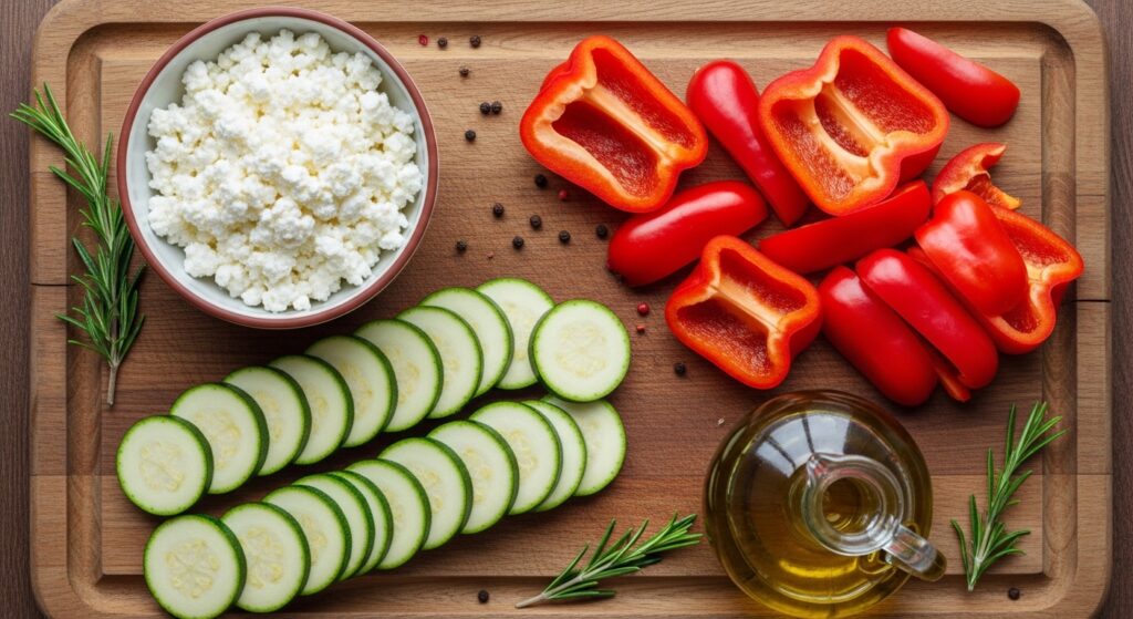 Raw ingredients for healthy veggie bake recipe on a rustic table.