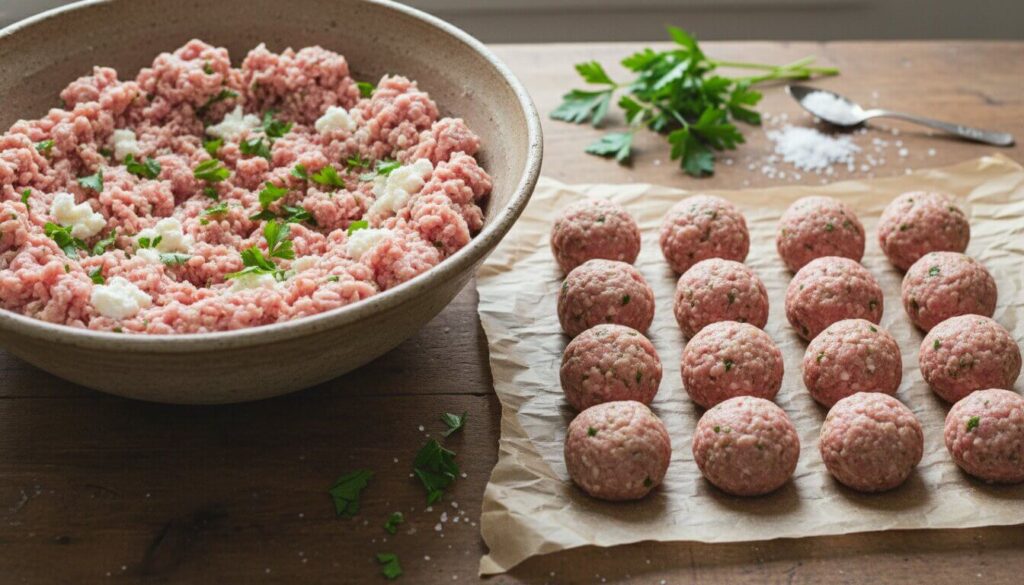 Preparing raw chicken ricotta meatballs on a baking sheet.