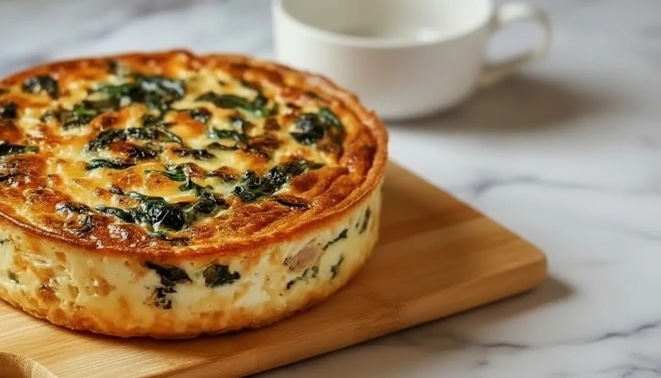 A golden-brown Cottage Cheese and Spinach Crustless Quiche in a white baking dish.