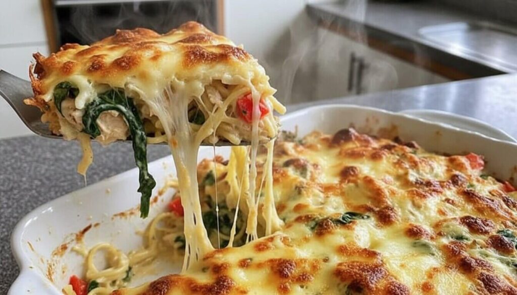A serving of cheesy chicken and spinach bake being lifted from a dish.