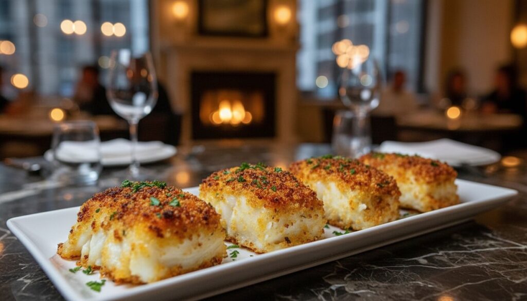Top-down view of a crispy Boston Baked Cod fillet on a blue plate.