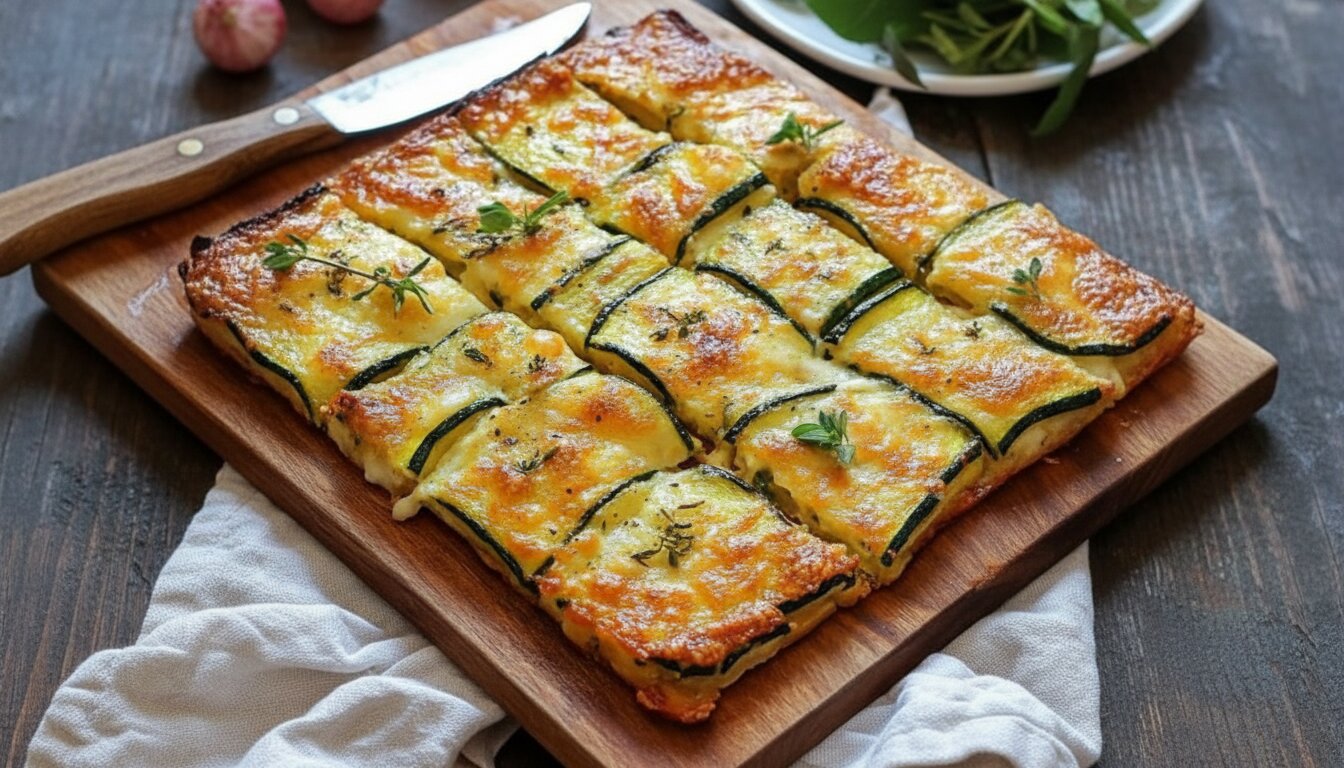 Top-down view of a cheesy baked zucchini egg slice