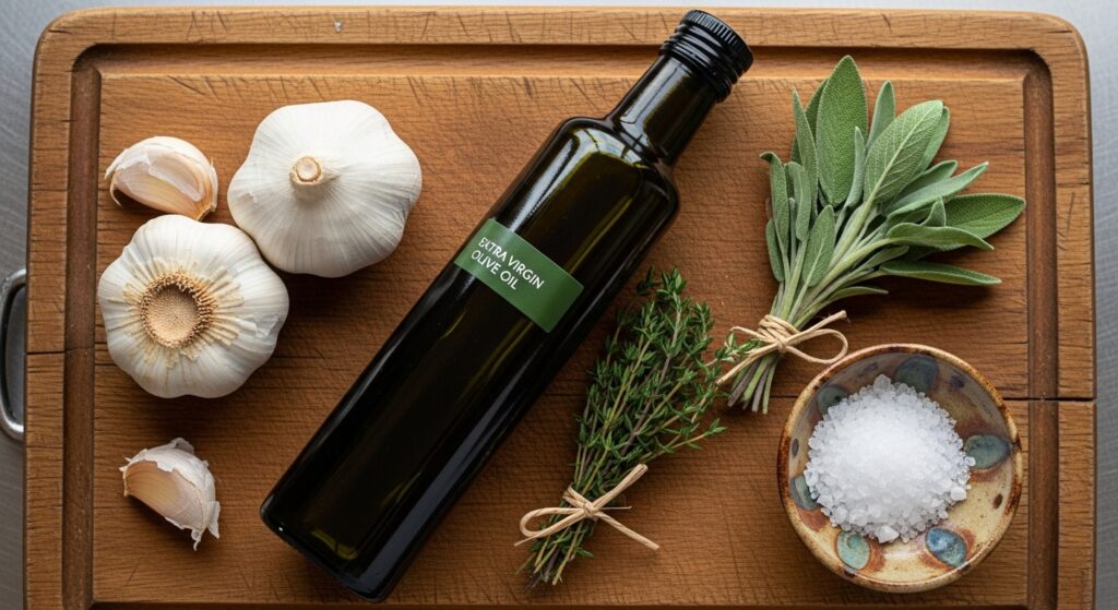 Fresh ingredients for French garlic soup recipe including garlic heads and olive oil.