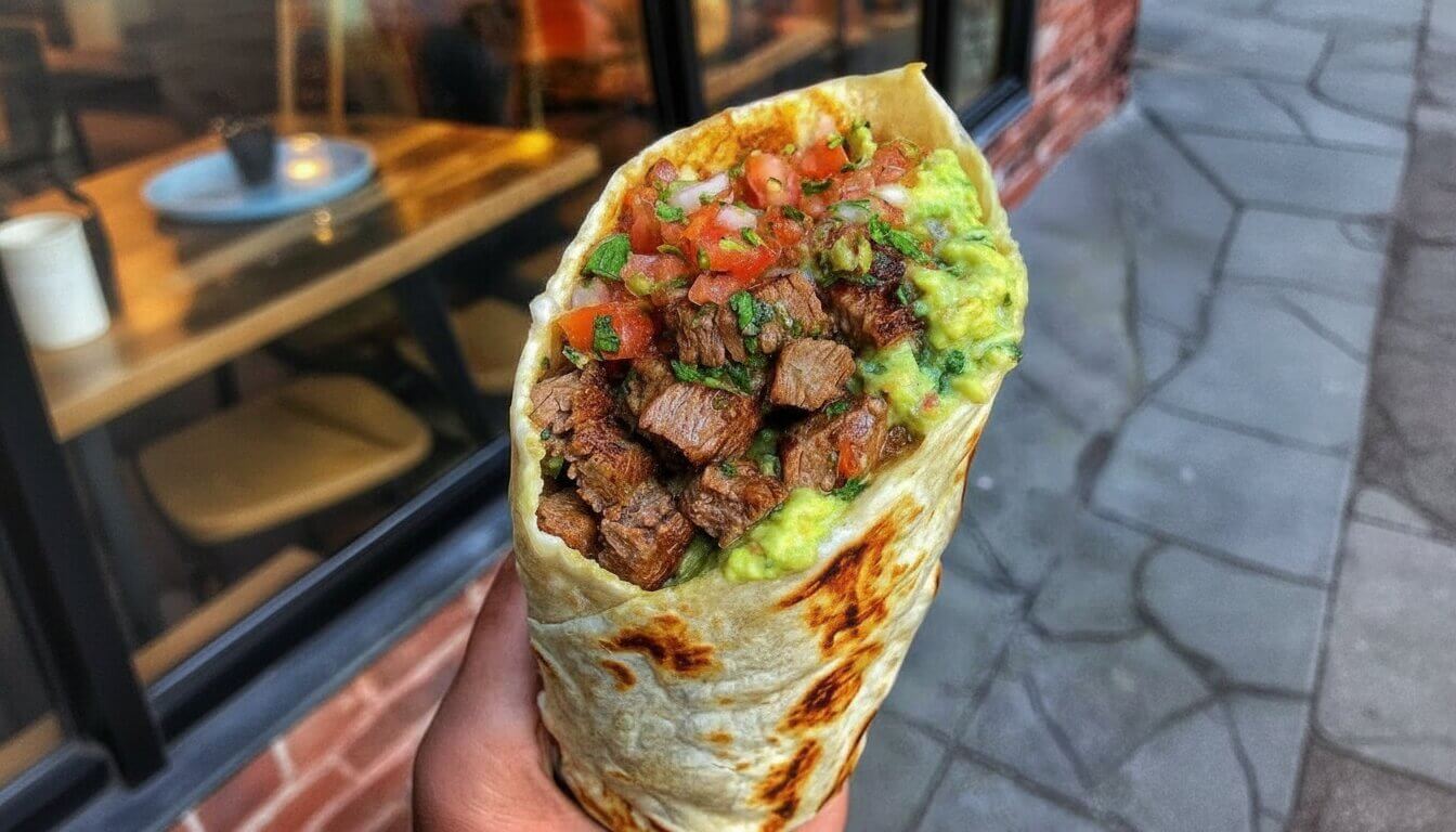 Mediterranean Garlic Herb Steak Wrap with Avocado and fresh tomato relish.