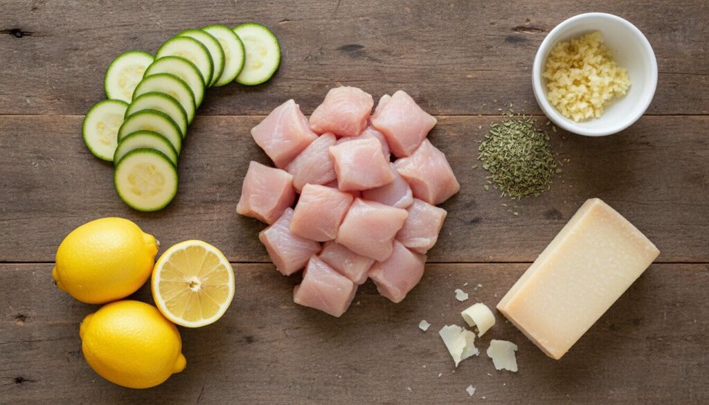 Raw ingredients for Mediterranean chicken and zucchini skillet including fresh lemons and garlic.
