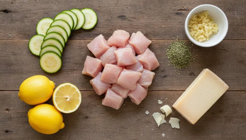 Raw ingredients for Mediterranean chicken and zucchini skillet including fresh lemons and garlic.