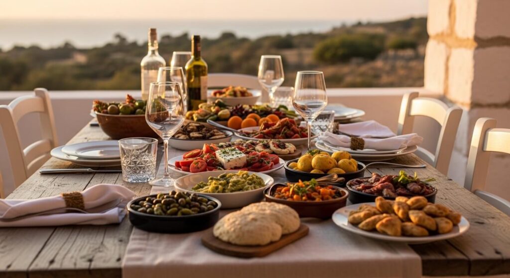 Mediterranean dinner table with traditional Greek dishes and salads