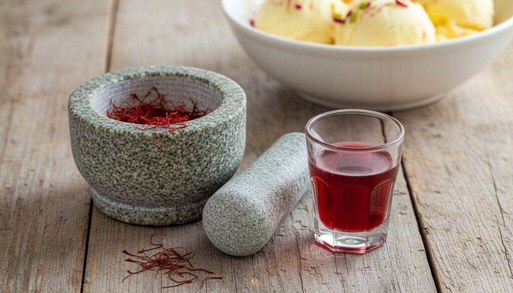 Blooming saffron threads in hot water for Persian ice cream.