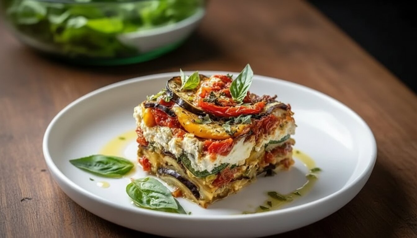 Top-down view of a golden-brown Mediterranean vegetable lasagna with fresh basil.