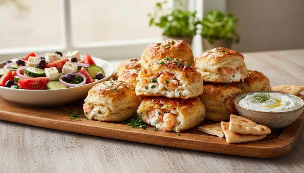 Mediterranean seafood dinner serving suggestion with Greek salad.