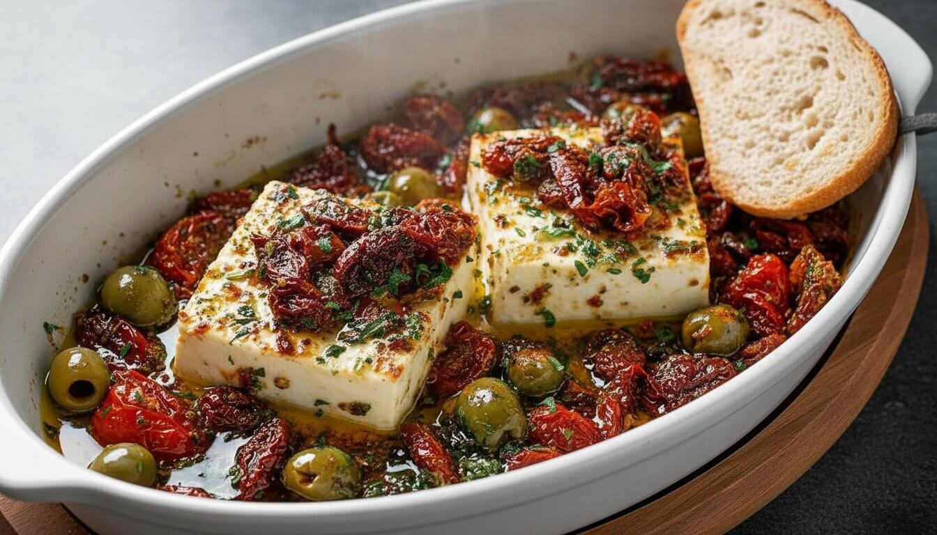 Close-up of hot Baked Feta with Olives and Sun-Dried Tomatoes in a white baking dish.