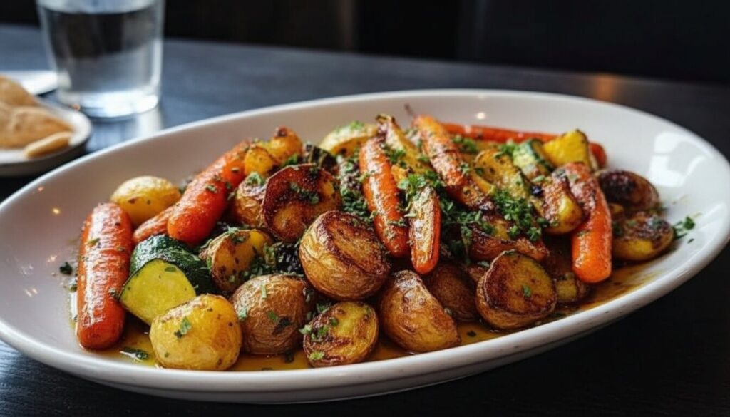 Crispy garlic herb roasted potatoes carrots and zucchini on a sheet pan.