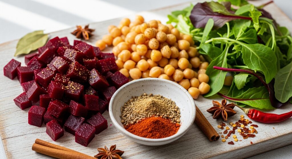 Raw ingredients for a healthy Mediterranean beet wrap including beets and chickpeas.