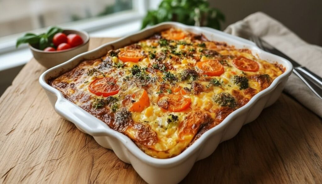 Freshly baked Mediterranean cottage cheese vegetable bake with zucchini and tomatoes.