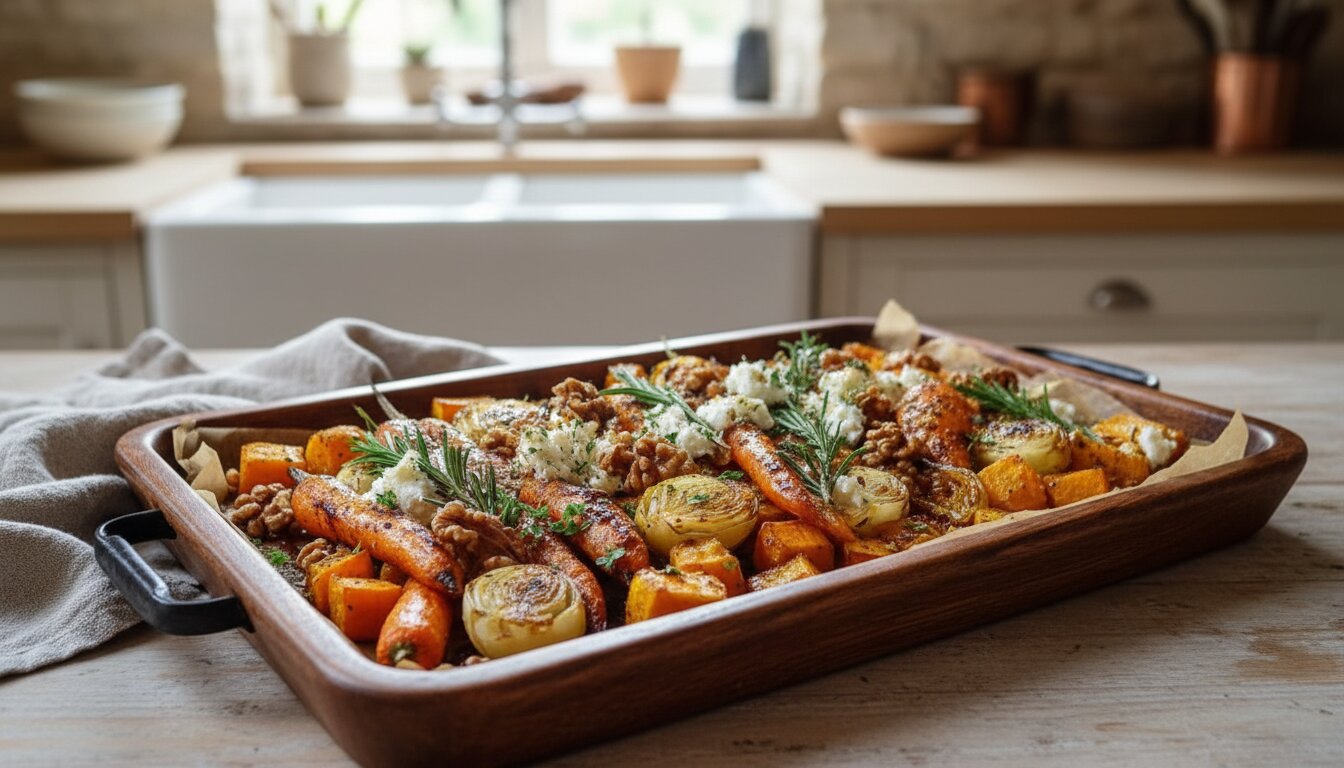 Whipped feta and veggie bake recipe served on a Mediterranean platter.
