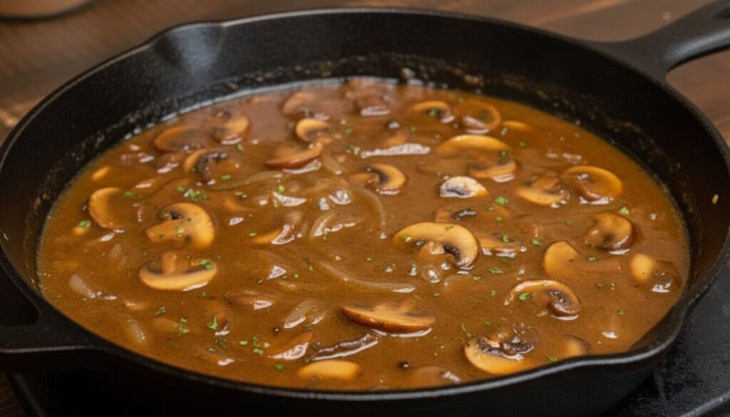 Mediterranean mushroom and onion gravy simmering in a pan.