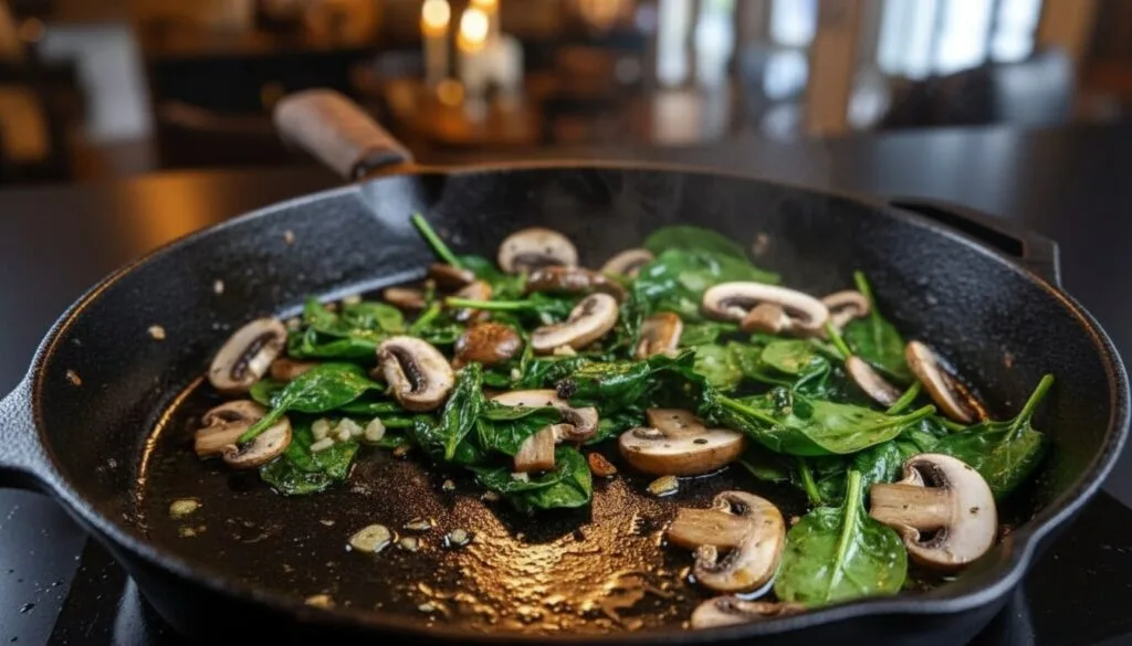 Sautéing mushrooms and spinach for lasagna filling.