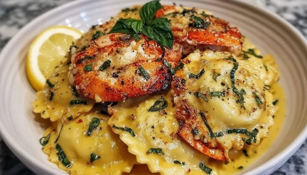 A plate of lobster ravioli in a zesty lemon butter sauce with fresh herbs and lemon wedges.