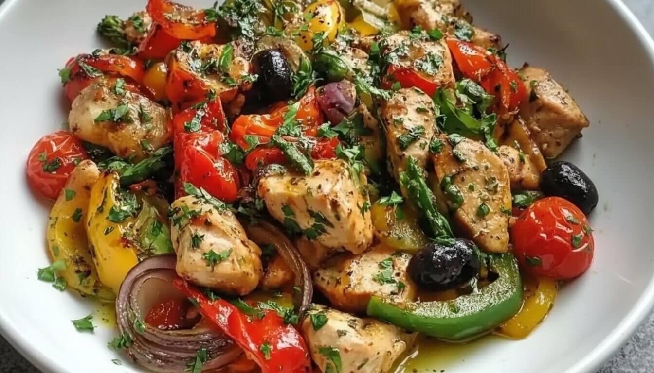 Top-down view of one-pan Mediterranean chicken and peppers with olives and onions in a skillet.