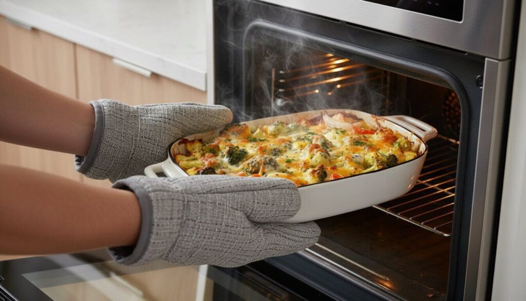 Freshly baked broccoli cauliflower egg casserole coming out of the oven golden and bubbly.