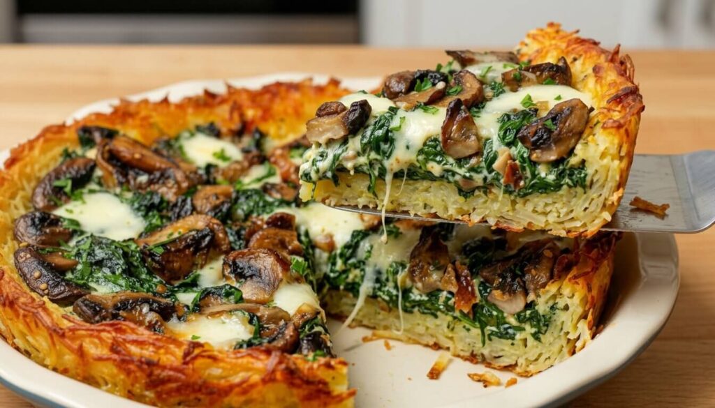 A slice of vegetarian potato pie showing the crispy potato crust texture.