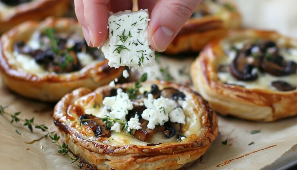 Assembling mushroom tartlets by adding goat cheese to puff pastry squares.