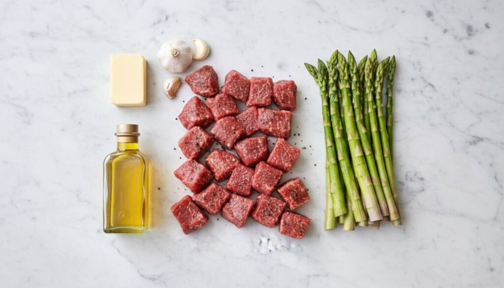 A clean, minimalist flat lay of raw steak cubes, a bunch of fresh asparagus, garlic cloves, a block of butter, and a bottle of olive oil on a marble countertop.