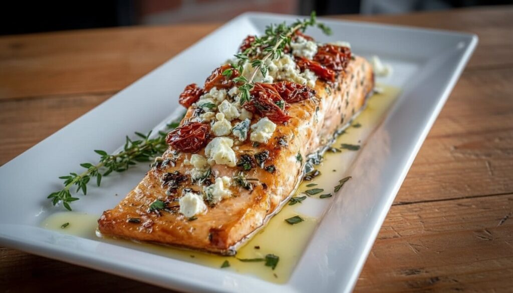 Mediterranean baked salmon fillets on a white platter garnished with herbs and lemon.