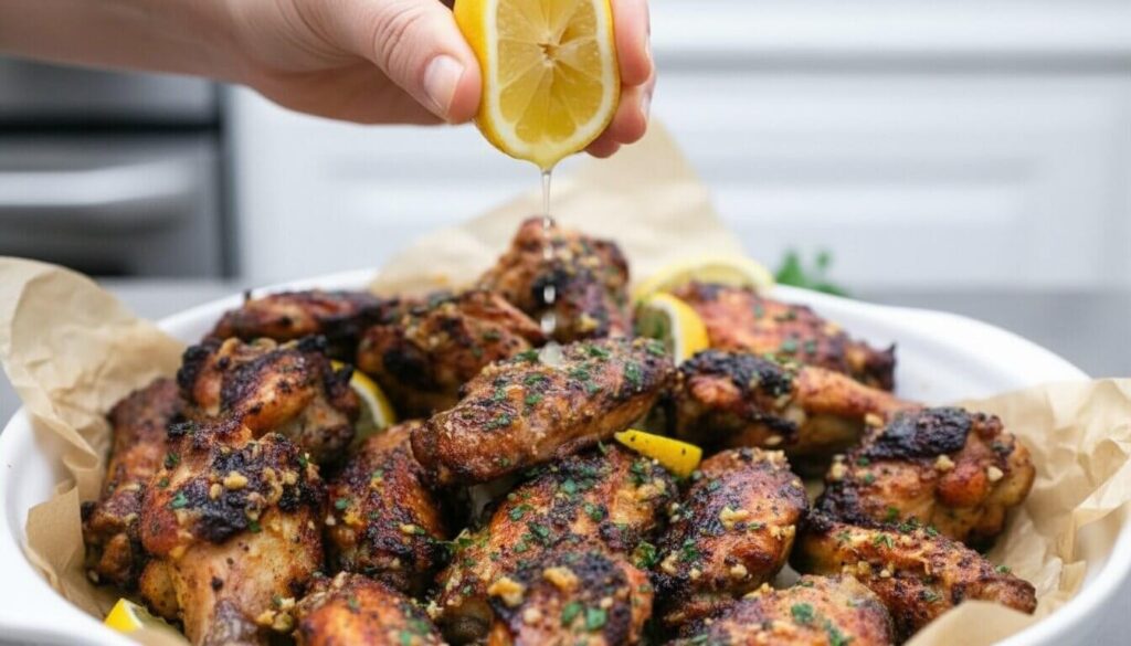 Fresh lemon being squeezed over roasted chicken wings