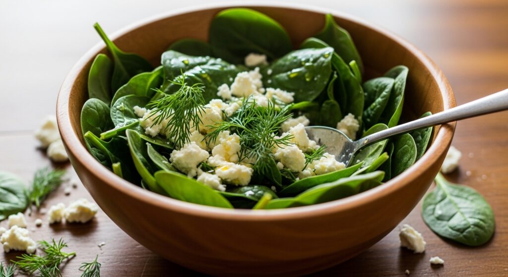 A bowl of spinach and feta cheese filling with fresh herbs.
