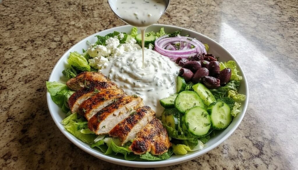 A colorful Greek chicken salad bowl featuring grilled chicken, feta, and olives.