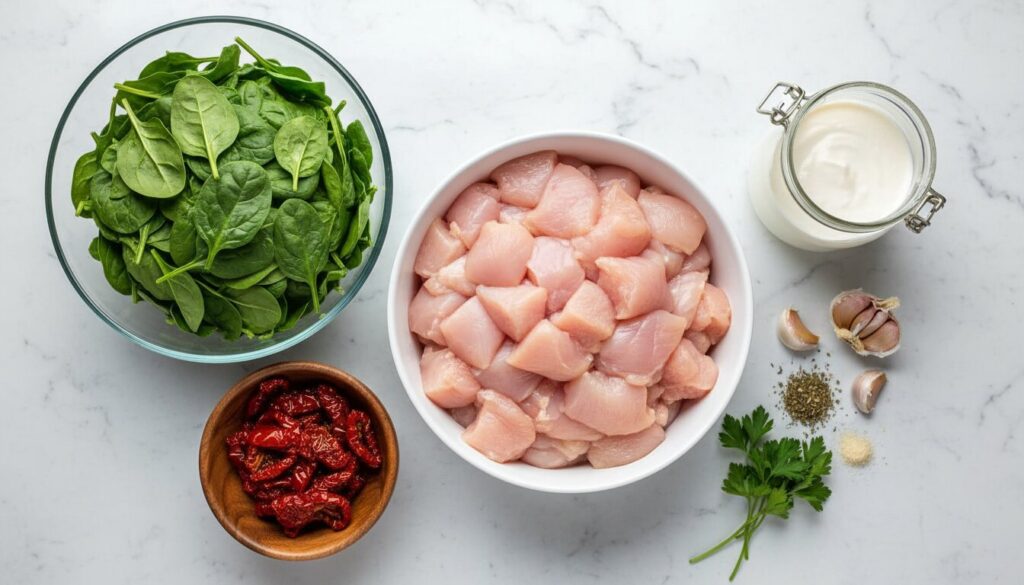 Ingredients for baked Tuscan chicken casserole on a marble counter.