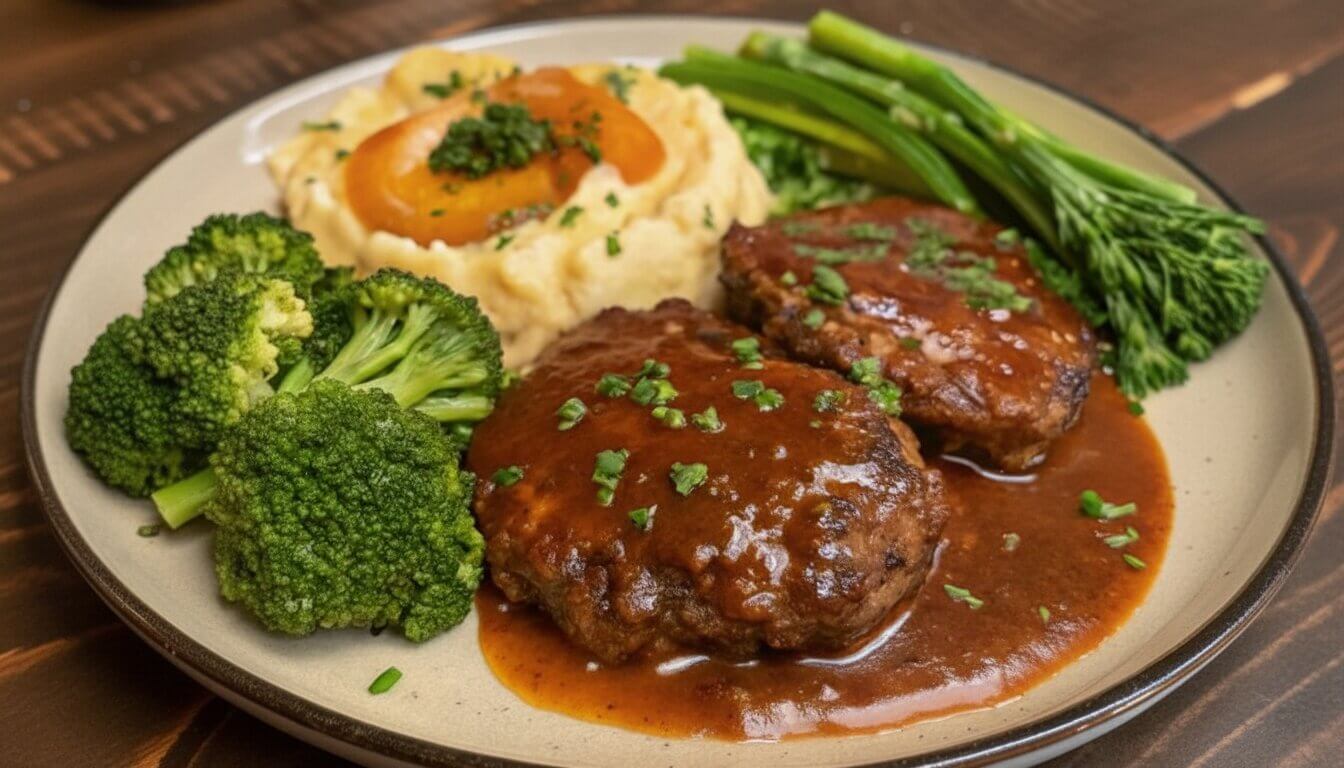 Close-up of Mediterranean Style Salisbury Steak with rich mushroom onion gravy.