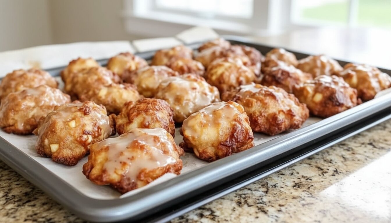Healthy baked apple fritters stacked on a board.
