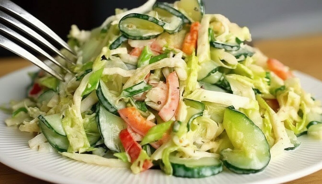 Top-down view of a fresh Mediterranean cabbage cucumber salad in a white bowl.